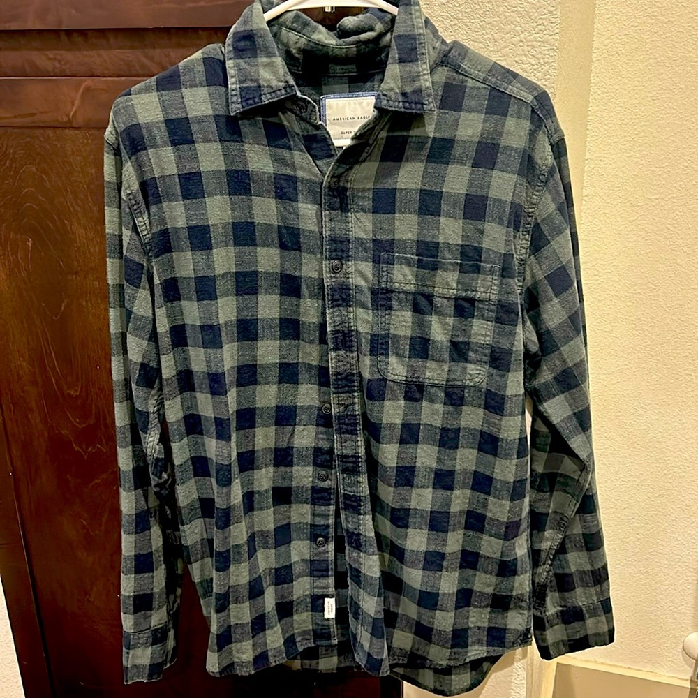 Green & Navy Blue plaid button up.